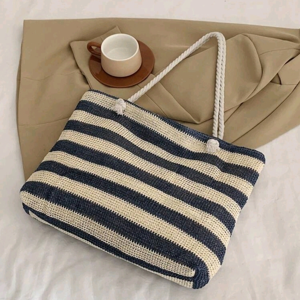 Navy & White Striped Crochet Beach Tote with Rope Handle